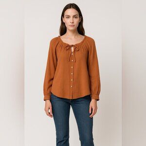 Arraei Earthy Rust Brown Cotton Gauze Peasant Boho Blouse Size Small